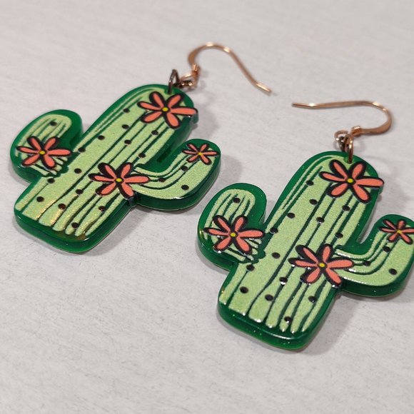 Cactus Earrings, Pink and Green, Cute Rustic - Picture 2 of 3